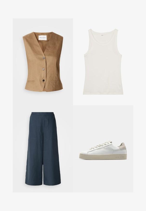 Braune Weste mit V-Ausschnitt-Design, ausgestattet mit zwei Fronttaschen, einer Sechs-Knopf-Verschluss und einem glatten, strukturierten Stoff.; Weißes Baumwolltanktop mit weitem Ausschnitt und dünnen Schulterträgern. Glatte Textur ohne sichtbare Muster oder Verzierungen.; Weite Beinhosen in Marineblau, aus leichtem Stoff. Mit einer leicht strukturierten Oberfläche, elastischem Bund und Vordernähten.; Weiße Leder-Sneaker mit glatter Oberfläche, beigen Wildleder-Akzenten, runder Zehenpartie, flachem Schnürdesign und einer strukturierten Gummisohle.