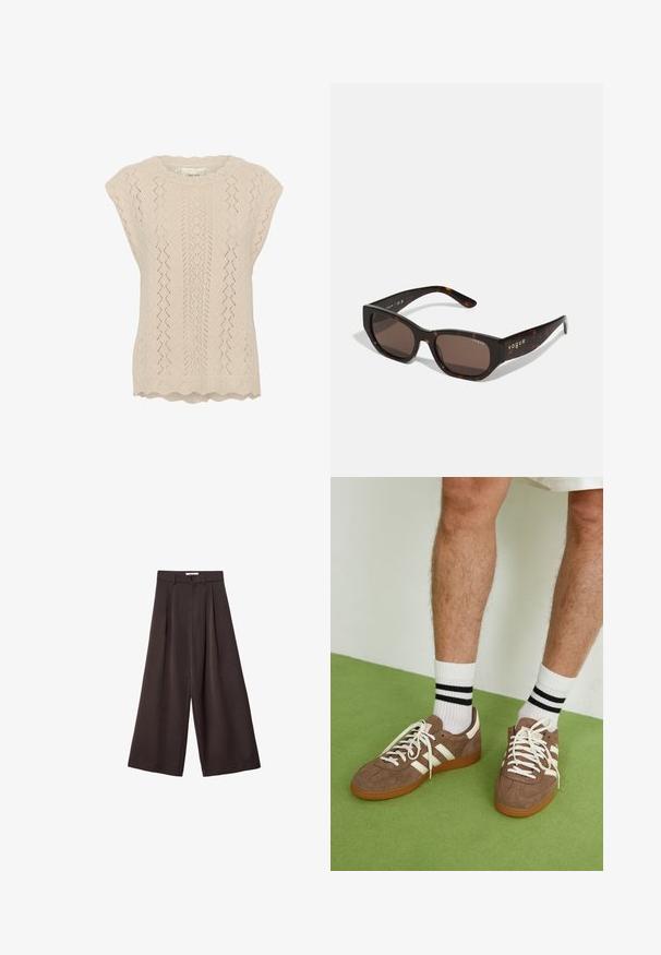 Light beige knitted top featuring a lace pattern, scalloped neckline, and short cap sleeves. Textured with an openwork diamond design.; Button-up, long-sleeve shirt with a light pink and white striped pattern, featuring side ruching and adjustable ties at the waist.; Black wide-leg trousers with a high waist, featuring front pleats and a button closure at the waist, made from smooth fabric.; Brown suede sneakers with white accents and laces. Rubber gum sole. Worn with white socks featuring black stripes. Green textured flooring.; Tortoiseshell sunglasses with rectangular brown lenses. Glossy plastic frame features gold "vogue" branding on the side.; Soft brown hobo-style handbag with a single wide strap and a curved top handle opening, displayed on a white background.