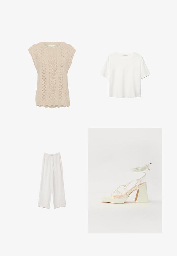 Vaaleanbeige neulepaita, jossa on pitsikuvio, aaltoileva kaula-aukko ja lyhyet hihattomat hiha. Teksturoitu avoimella timanttikuviolla.; Valkoinen lyhythihainen T-paita, joka on tehty puuvillasta. Siinä on pyöreä kaula-aukko ja rento malli. Silkkinen pinta ilman näkyviä kuvioita tai koristeita.; Valkoiset leveälahkeiset housut kevyestä kankaasta. Ominaisuuksiin kuuluu elastinen vyötärö, jossa on nauhakuuluma ja sivutaskut. Sileä rakenne.; Valkoinen korkokenkä, jossa on paksu korko, ja joka sisältää nauhakiinnityksen ja nilkkaketjun. Sujuva pinta, jossa on platform-etupohja lisäkorkeutta varten.