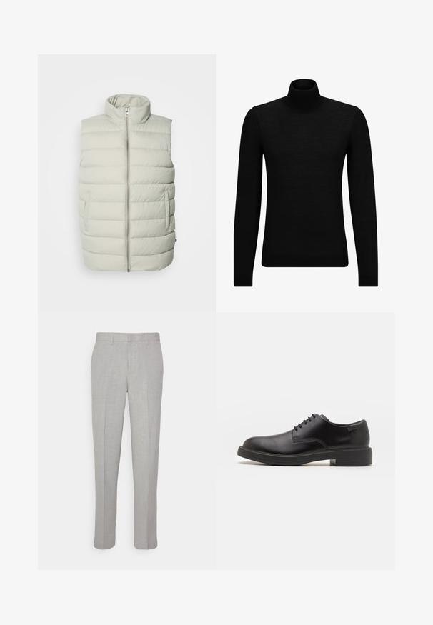 Light gray puffer vest with a high collar, vertical quilted texture, front zipper, and side pockets for storage.; Black turtleneck sweater made of soft material, featuring long sleeves and a snug fit. Ribbed trim at the hem and cuffs. Simple design.; Light gray trousers with a smooth texture, flat front, and straight legs. Made of breathable fabric, featuring internal pockets and belt loops.; Black leather lace-up shoe with a rounded toe, smooth texture, minimal stitching, and a low rubber heel. Logo on the heel.
