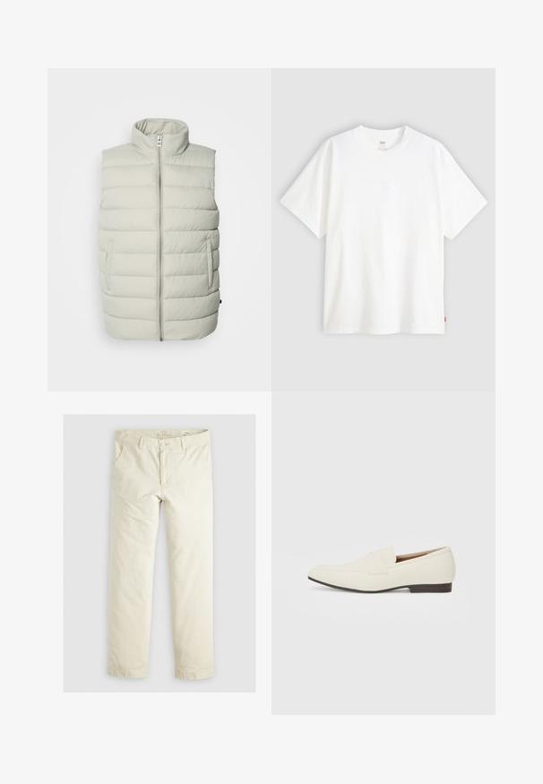 Jasnoszara kamizelka puchowa z wysokim kołnierzem, pionowym pikowaniem, zamkiem błyskawicznym z przodu i kieszeniami bocznymi do przechowywania.; Biała koszulka z krótkim rękawem wykonana z bawełny, z okrągłym dekoltem. Posiada subtelny wytłoczony logo z przodu oraz czerwoną metkę na dolnym brzegu.; Jasno beżowe luźne spodnie z trzema kieszeniami, paskami na pasek oraz prostym krojem nogawki. Wykonane z miękkiej mieszanki bawełny.; Jasne beżowe mokasyny z wąskim noskiem, gładkim materiałem, paskiem na wierzchu stopy oraz niską brązową podeszwą. Prosty design z minimalnymi akcentami.