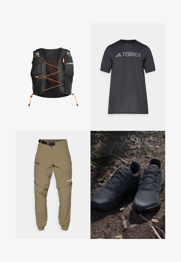 Colete de corrida em malha preta com detalhes em laranja. Apresenta alças ajustáveis, múltiplos bolsos para armazenamento e detalhes refletivos para visibilidade.; Camiseta preta de manga curta feita de tecido leve, com o logótipo cinza-claro "TERREX" atravessando o peito e um decote redondo.; Calças exteriores bege com cinto, bolsos laterais com fecho e punhos elásticos. Apresentam um design com fecho para destacá-las, proporcionando versatilidade e uma textura suave.; Sapatilhas atléticas pretas com um cabedal de malha texturizada, biqueira reforçada e sola acolchoada, expostas sobre um solo terroso com ramos espalhados.