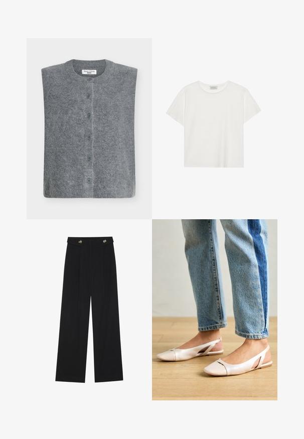 Gray wool tank top with a round neckline and button-front closure, featuring a soft, fuzzy texture and six blue buttons along the placket.; White short-sleeve T-shirt made of soft cotton. Features a round neckline and relaxed fit. Clean design with no visible patterns or accents.; Black wide-leg trousers with high waist, button details on waistband, and front pleats.; Pale pink slingback flats with a pointed toe, made from a smooth leather-like material. Features cut-out details at the sides and a flat heel.