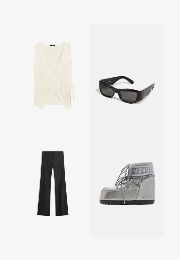 Wikkelstijl top in licht beige gebreide stof, met een V-hals, zijsluiting met strik en een gestructureerd oppervlak.; Zwart langwerpig T-shirt met lange mouwen van katoen, met een ronde halslijn en een gladde textuur. Minimalistisch ontwerp zonder patronen of accenten.; Zwarte wijde broek van een gladde stof, met een hoge taille en strakke lijnen, zonder zichtbare patronen of versieringen.; Zilveren waterdichte boot met een afgeronde vorm, een gestructureerde afwerking en grijze veters. Kenmerkt zich door een opvallend "MOON BOOT" logo op het bovenste deel.; Zwarte rechthoekige zonnebril met donkere lenzen, gemaakt van glanzend plastic. Het montuur heeft scherpe hoeken en een onderscheidend logo op de arm.; MM6 Maison Margiela SMALL JAPANESE - Shopper - black