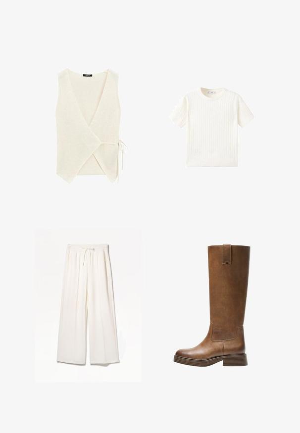 Top typu wrap w jasnobeżowym, dzianinowym materiale, z dekoltem w kształcie litery V, z boku zawiązywanym na kokardę, o teksturowanej powierzchni.; Biały sweter z krótkim rękawem, z wzorem w warkocze, okrągłym dekoltem i ściągaczem na dole. Miękka tekstura, luźny krój i czysty design.; Białe szerokie spodnie z lekkiego materiału, z elastycznym paskiem, sznurkiem i bocznymi kieszeniami, bez widocznych wzorów.; Brązowe skórzane wysokie buty do kolan z okrągłym noskiem, teksturowaną powierzchnią i niskim piętrem o warstwowej budowie. Posiadają boczną wstawkę oraz pętelkę na górze.