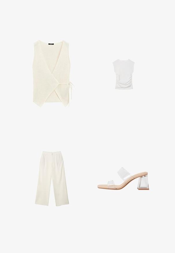 Wrap-Style Oberteil aus leichtem beigen Strickstoff, mit V-Ausschnitt, seitlichem Bindebandverschluss und strukturierter Oberfläche.; Weißes Kurzarmoberteil mit Rundhalsausschnitt. Verfügt über geraffte Textur an den Seiten und eine figurbetonte Silhouette, gefertigt aus weichem, dehnbarem Material.; Helle Stoffhose mit weitem Bein und glatter Textur, ausgestattet mit einem einzelnen Knopf vorne, dezenten Falten und einem Hochbund-Design.; Transparente Sandalen mit Absatz, die zwei klare Riemen, eine beige Sohle und einen geometrischen klaren Blockabsatz aufweisen. Minimalistisches Design mit glatter Textur.