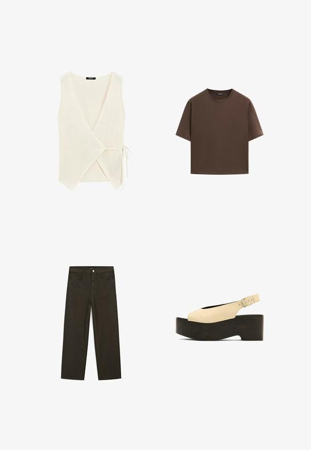 Wrap-style top in light beige knit fabric, featuring a V-neck, side tie closure, and a textured surface.; Brown cotton t-shirt, short sleeves, crew neckline, relaxed fit, smooth texture, minimalistic design, no visible patterns or accents.; Dark green wide-leg jeans made of cotton blend, featuring a front button closure, five pockets, and classic denim stitching.; Beige suede platform sandals with an open toe, slingback design, and a dark wood-like base, featuring a metal buckle for adjustment.