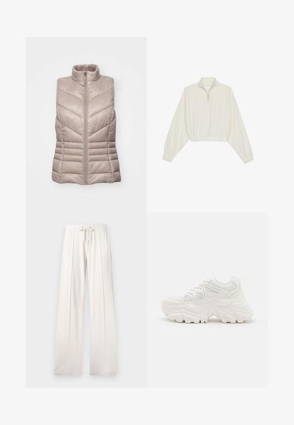 Colete acolchoado, sem mangas, em bege claro, com gola alta e padrão de quilt em chevron. Apresenta um fecho de correr frontal e costura horizontal na cintura.; Pullover curto em tecido creme, apresentando um colarinho alto, fecho de meio zíper, bainha e punhos elásticos, com uma textura suave e design minimalista.; Calças de fato de treino beija claro, feitas de um tecido suave, com cintura elástica ajustável, pernas largas e costuras verticais, apresentando uma textura lisa.; Sapatilhas brancas chunky com um upper texturizado, painéis em malha e solas de borracha grossas com um padrão de nervuras proeminente. Inclui atacadores e laço para puxar.