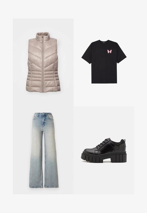 Polstrovaná, bezrukávová vesta v svetlej béžovej farbe s vysokým golierom a dizajnom s chevronovým prešívaním. Má predný zips a horizontálne prešívanie v oblasti pása.; Čierne bavlnené tričko s krátkymi rukávmi, s malým ružovým motýlikom na ľavej hrudi. Design s okrúhlym výstrihom a uvoľneným strihom.; Svetlomodré džínsy s širokými nohavicami vyrobené z denimu, s vysokým pásom, piatimi vreckami a viditeľnými stehmi pozdĺž švov.; Čierne kožené platformy s masívnym blokovým podpätkom, okrúhlou špičkou a tradičným šnurovaním. Má hladký povrch a minimálne detaily.