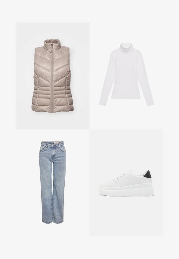 Gepolsterte ärmellose Weste in Hellbeige mit hohem Kragen und einem Zickzacksteppdesign. Verfügt über einen Reißverschluss an der Vorderseite und horizontale Nähte in der Taille.; Weißes Langarm-Turtleneck-Oberteil aus glattem, elastischem Stoff. Mit hohem Kragen und tailliertem Schnitt, ohne sichtbare Muster oder Verzierungen.; Hellblau weite Jeans aus Denim, mit hoher Taille, fünf Taschen-Design und subtilen Ausbleichungen für einen eingesessenen Look.; Weiße Plateausneaker aus glattem Kunstmaterial, mit runder Zehenform, Schnürdesign und einer strukturierten Gummisohle. Schwarzer Fersenakzent.