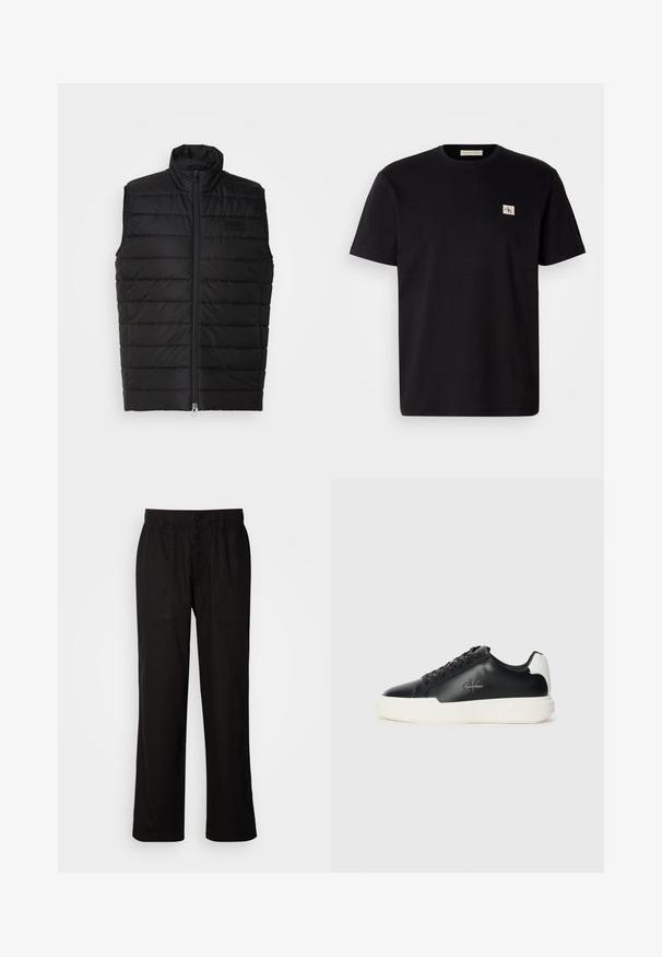 Black puffer vest with a standing collar, front zipper, horizontal stitch pattern, and minimal branding on the left chest.; Black cotton t-shirt with short sleeves, crew neck, and a small embroidered logo on the left chest. Smooth texture, regular fit.; Black pants with a relaxed fit, made from lightweight fabric. Features an elastic waistband, button closure, and two front pockets.; Black leather sneakers with white rubber sole. Features round toe, lace-up design, and logo detail on the side. Rear accent in white.