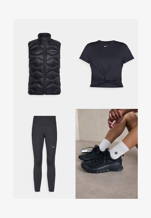 Schwarze Steppweste mit hohem Kragen, Reißverschluss und gestepptem Design mit gewelltem Muster. Logo auf der oberen linken Seite platziert.; Schwarzes Sport-T-Shirt aus glattem Stoff, mit einem geknoteten Vorderdesign und einem kleinen weißen Nike-Logo auf der Brust.; Schwarze Leggings aus elastischem Stoff, mit einem hohen Bund und einem weißen Nike-Logo auf dem linken Oberschenkel. Glatte Textur, figurbetontes Design.; Schwarze Sportschuhe aus strukturiertem Stoff, mit Schnürdesign und auffälliger Sohle, kombiniert mit weißen gerippten Socken, die ein kleines Logo tragen.