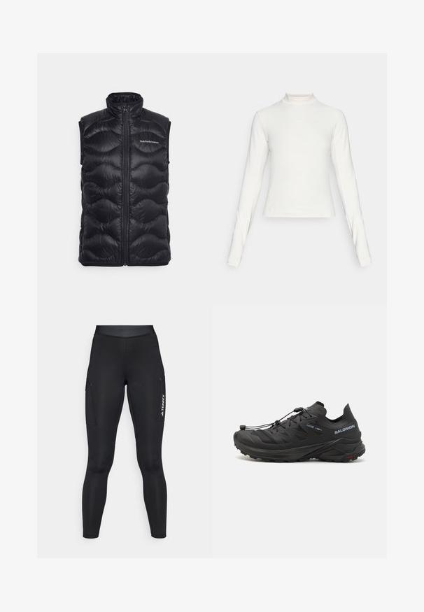 Schwarze Steppweste mit hohem Kragen, Reißverschluss und gestepptem Design mit gewelltem Muster. Logo auf der oberen linken Seite platziert.; Langärmliges weißes Sportoberteil mit Stehkragen und kleinem zentralem Logo auf der Brust, auf einem schlichten Hintergrund präsentiert.; Schwarze sportliche Leggings mit enganliegendem Design, aus elastischem Material gefertigt. Enthält Seitentaschen und weiße "TERREX"-Branding.; Schwarze Trailrunning-Schuhe mit einem strukturierten Obermaterial, Netzpanelen und einem sicheren Verschlusssystem. Verfügt über eine robuste Außensohle für besten Halt.