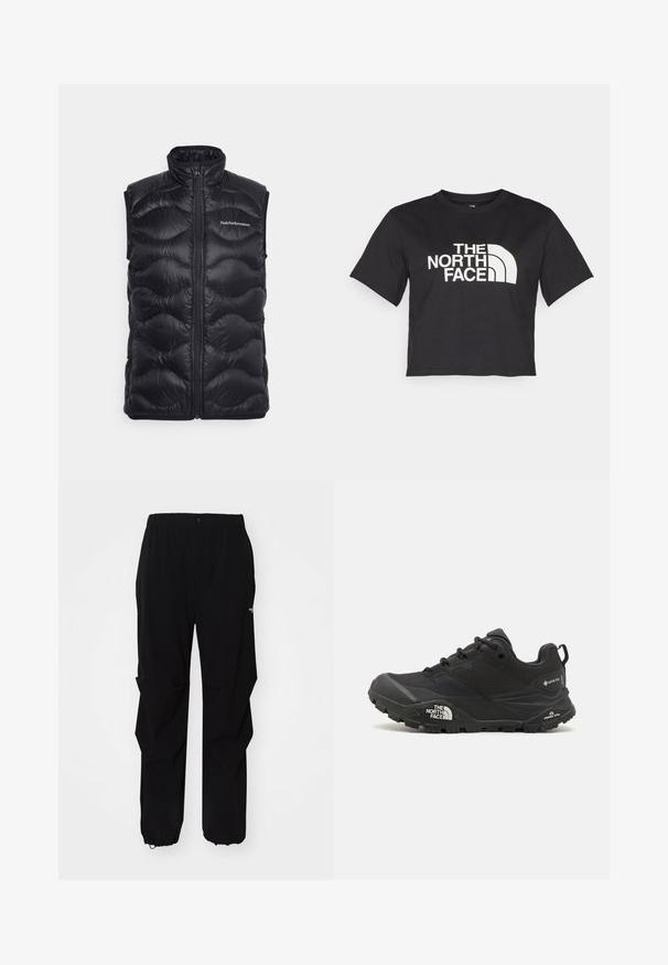 Zwarte puffer vest met hoge kraag, ritssluiting en gestikte design met een geschulpte patroon. Logo geplaatst aan de bovenste linkerzijde.; Zwarte cropped t-shirt gemaakt van katoen, met een wit logo met gebogen accenten en de tekst "THE NORTH FACE" op de voorkant. Korte mouwen, ronde hals.; Zwarte outdoorbroek gemaakt van duurzaam materiaal, met een relaxte fit, elastische tailleband en een afgeknipte onderkant voor verstelbare lengte.; Zwarte wandelschoen met een gestructureerde bovenkant, vetersluiting en een stevige rubberen zool met een opvallend logo aan de zijkant en profielpatronen.