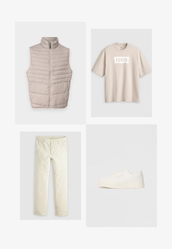 Beige gesteppte ärmellose Weste mit hohem Kragen und durchgehendem Reißverschluss. Verfügt über horizontale Nähte und eine glatte Stoffoberfläche.; Beige T-Shirt mit kurzen Ärmeln aus Baumwolle, auf der Vorderseite mit einem weißen "LEVI'S"-Logo in klassischer Form. Einfaches, ungeschmücktes Design.; Helle beigefarbene, lässig geschnittene Hose mit drei Taschen, Gürtelschlaufen und geradem Bein. Hergestellt aus einem weichen Baumwoll-Mix.; Weiße Slip-On-Sneaker mit einer strukturierten Oberfläche, dicker Sohle und minimalistischem Design. Mit Logo der Marke an der Seite.
