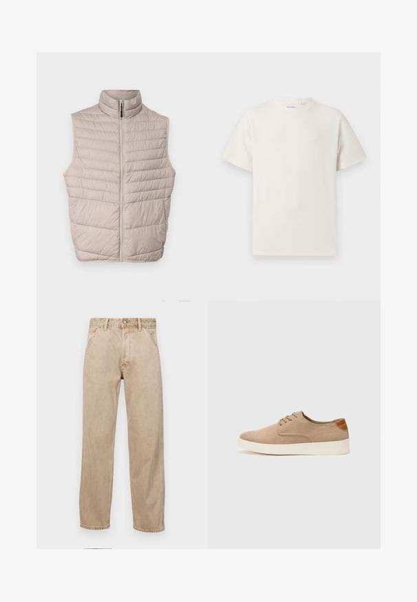 Beige gesteppte ärmellose Weste mit hohem Kragen und durchgehendem Reißverschluss. Verfügt über horizontale Nähte und eine glatte Stoffoberfläche.; Weißes T-Shirt mit kurzen Ärmeln in gerippter Textur. Runder Ausschnitt, lockere Passform, keine sichtbaren Muster oder Akzente. Einfaches und vielseitiges Design.; Beige Denim-Jeans mit geradem Beinschnitt, ausgestattet mit Vordertaschen, einem Metallknopfverschluss und feiner Textur.; Beige Wildleder-Sneaker mit runder Zehenpartie, Schnürung und strukturiertem Rückenteil. Die weiße Gummisohle sorgt für einen Kontrast. Einfaches und modernes Design.