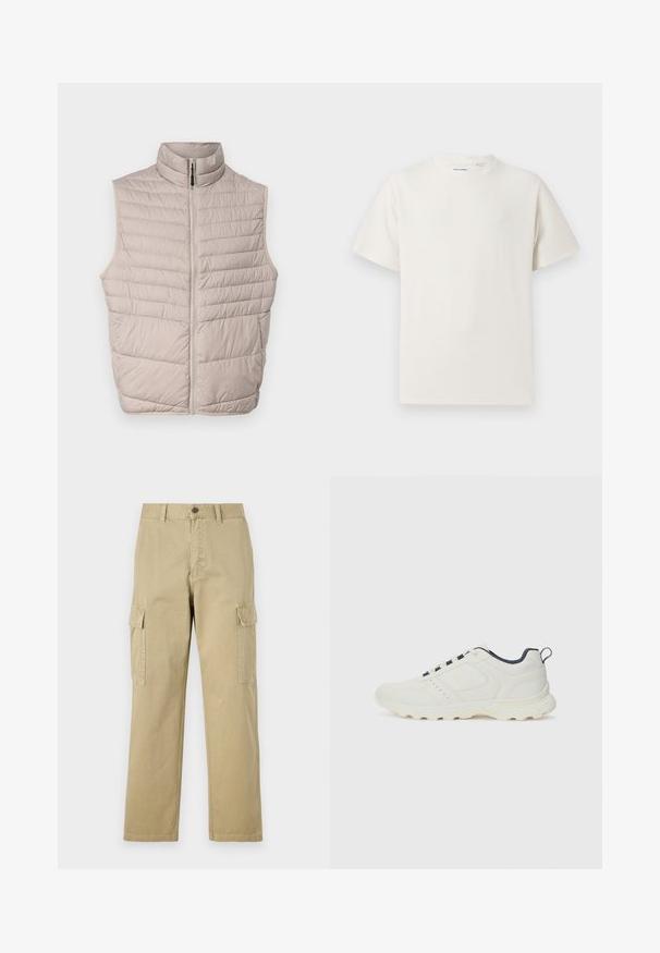 Gilet beige trapuntato senza maniche con alto colletto e zip a tutta lunghezza. Presenta cuciture orizzontali e una texture di tessuto liscia.; T-shirt bianca a maniche corte in texture a coste. Girocollo, vestibilità rilassata, senza modelli o accenti visibili. Design semplice e versatile.; Pantaloni cargo beige in cotone, dotati di due tasche laterali, chiusura con bottone e gamba dritta con tessuto leggermente texture.; Scarpa atletica leggera di colore bianco sporco con tomaia in pelle testurizzata, dettagli in blu navy, chiusura con lacci e suola in gomma robusta.