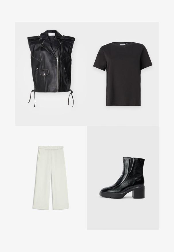 2nd Day CLIVE HERITAGE - Liivi - unblack; Musta puuvillapaita lyhyillä hihoilla, pyöreällä kaula-aukolla ja yksinkertaisella, siistillä muotoilulla. Ei näkyviä kuvioita tai koristeluja.; Housut leveillä lahkeilla vaalean kermaisessa kankaassa, jossa on sivutaskut, litteä etuosa ja yksi nappikiinnitys vyötäröllä. Silkkinen pinta.; Musta patentoitu nahkasaappaat nilkkoihin, joissa on kaareva kärki, joustavat sivupaneelit ja paksu lohkoilut. Takana on kohokuvioitu logo.