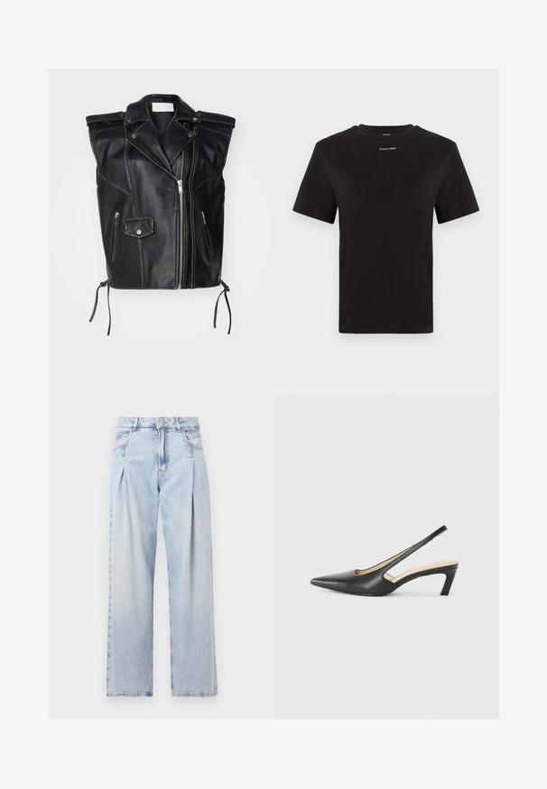 2nd Day CLIVE HERITAGE - Weste - unblack; Schwarzes Baumwoll-T-Shirt mit kurzen Ärmeln, Rundhalsausschnitt und kleinem weißen "Calvin Klein"-Logo auf der Brust. Glatte Textur, klassischer Schnitt.; Helle blaue Denim-Jeans mit hoher Taille, weitem Beinschnitt, zwei seitlichen Taschen und gefaltetem Design. Weiche Textur mit einem ausgebleichten Finish.; Schwarzer spitz zulaufender Slingback-Schuh mit niedrigem Absatz, der aus glattem Leder gefertigt ist und seitliche Ausschnitte für Atmungsaktivität aufweist.