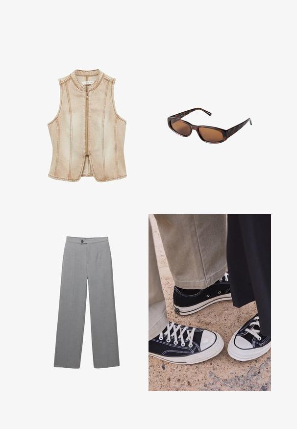 Tan bezrukávová džínová vesta s vysokým výstrihom, predným zipsom a vertikálnymi švami. Mäkká textúra s jemne vyblednutým povrchom.; Krémový sveter bez ramienok s ribovaným spodným lemom a dlhými, širokými rukávmi. Mäkka textúra, voľný strih. Jednoduchý, minimalistický dizajn.; Šedé upravené nohavice s širokými nohavicami, plochým predkom a jemnou textúrou. Obsahujú jediné zapínanie na gombík a čisté línie.; Čierne plátené tenisky s bielymi gumenými špičkami a šnúrkami. Kontrastné švy a kovové očká pridávajú detail. Nosené s béžovými nohavicami a čiernou látkou.; Hnedé slnečné okuliare s korytnačkovým vzorom, s obdĺžnikovými šošovkami, elegantným profilom a zakrivenými ramenami. Šošovky majú hnedý odtieň, rám je vyrobený z plastu.; Čierna kožená taška cez rameno s textúrovaným povrchom, obsahujúca dve vertikálne línie, dvojitými ramennými popruhmi a minimalistickým designom.