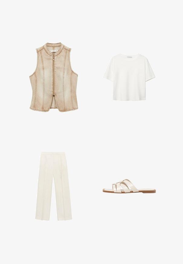 Bež brezrokavnik iz denima z visokim ovratnikom, sprednjim zadrgo in vertikalnimi šivi. Mehka tekstura z rahlo zbledelim videzom.; Bela kratka majica s kratkimi rokavi iz bombaža. Ima okroglo izrezovanje in sproščen kroj. Gladka tekstura brez vidnih vzorcev ali poudarkov.; Hlače širokih nogavic v svetli kremni barvi. Narejene iz gladkega materiala s plitkimi naborki spredaj in stranskimi žepi.; Ravne sandale s svetlo rjavim gumijastim podplatom, zasnovane s tremi prekrivajočimi se belimi usnjenimi trakovi in majhnim lokom na sredini.
