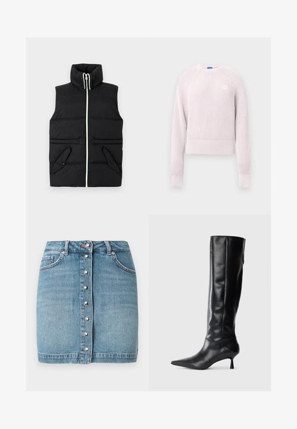 Juodas paminkštintas liemeniukas su aukštu apykakle, priekiniais užtrauktukais ir dviem kišenėmis su užklotu. Pabrėžia kontrastingas siūles ir lygią tekstūrą.; Šviesiai rožinis trumpas megztinis su gofruota struktūra, apvalia iškirpte ir ilgomis rankovėmis. Ant krūtinės yra mažas logotipas.; Šviesiai mėlynas džinsinis mini sijonas su priekyje esančia sagų užsegimu sidabrinės spalvos detalėmis, dviem priekinėmis kišenėmis ir nusitrynusiais kraštais.; Juodai odiniai iki kelių batai su smailiu pirštu ir plonu lenktu kulnu. Lygus paviršius, prigludęs dizainas ir be matomų detalijų ar raštų.