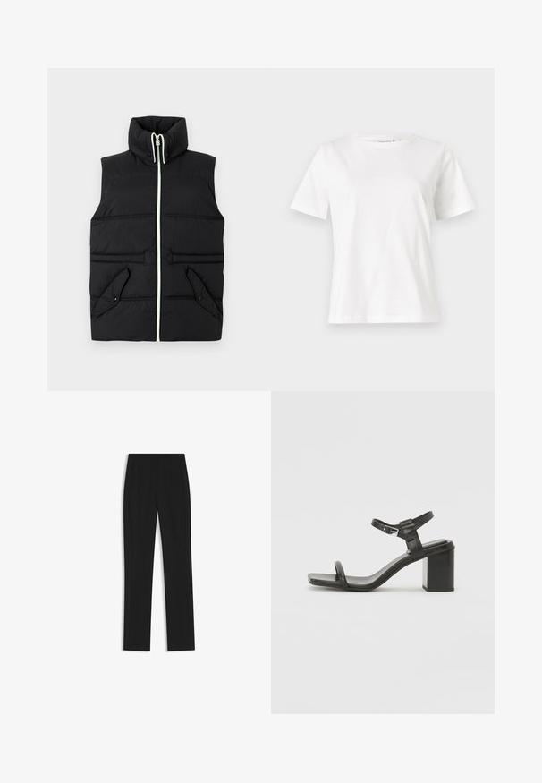 Schwarze gepolsterte Weste mit hohem Kragen, Frontreißverschluss und zwei Klapptaschen. Verfügt über kontrastierende Nähte und eine glatte Textur.; Weißes Baumwoll-T-Shirt mit kurzen Ärmeln, Rundhalsausschnitt und lockerer Passform. Glatte Textur, keine Muster oder Akzente, minimalistisches Design.; Schwarze maßgeschneiderte Hose mit geradem Bein, ausgestattet mit Fronttaschen und einem glatten, strukturierten Stoff. Saubere, minimale Details.; Schwarze Leder-Sandale mit Blockabsatz und einem breiten Riemen über dem Zeh sowie einem verstellbaren Knöchelriemen, die ein schlankes, minimalistisches Design aufweist.