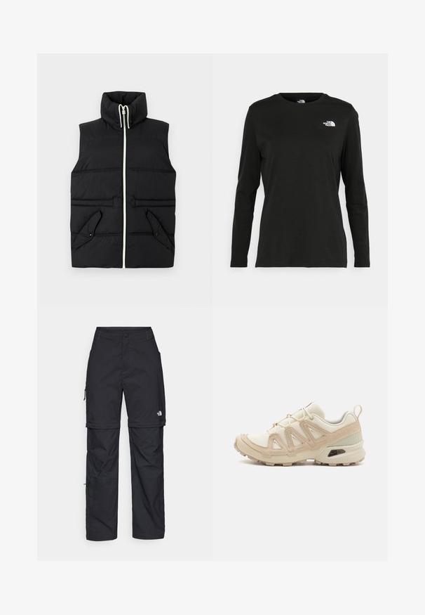 Černá vyp padded vesta s vysokým límcem, předním zipovým zapínáním a dvěma kapsami s chlopněmi. Obsahuje kontrastní prošití a hladkou texturu.; Černé tričko s dlouhým rukávem vyrobené z bavlny s kulatým výstřihem. Na levé části hrudi se nachází malé bílé logo. Jednoduchý design a střih.; Černé nylonové cargo kalhoty na zip s nastavitelnými manžetami, několika kapsami a logem na pravé noze. Hladká, lehká textura.; Béžová a krémová sportovní obuv s texturovaným síťovaným svrškem, podpůrnými překryvy a gumovou podrážkou s dezénem pro lepší přilnavost.