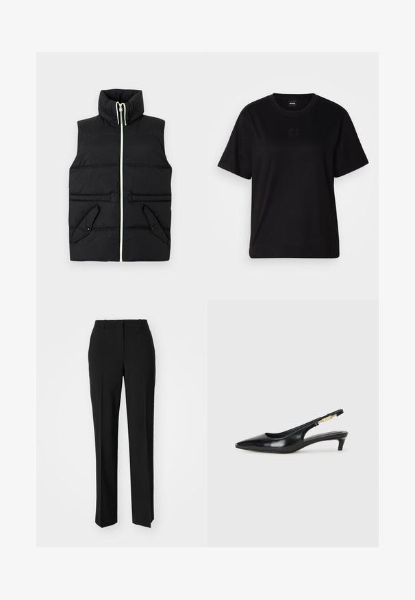 Black padded vest with high collar, front zipper closure, and two flap pockets. Features contrast stitching and a smooth texture.; Black cotton t-shirt with a crew neckline, short sleeves, and an embroidered logo on the chest. Simple, relaxed fit with no patterns.; Black tailored trousers with a straight-leg design, featuring a smooth texture and crisp creases along the front. No visible hardware.; Black leather slingback heels with a pointed toe, featuring a slim heel and a gold-tone accent on the adjustable strap. Smooth texture.
