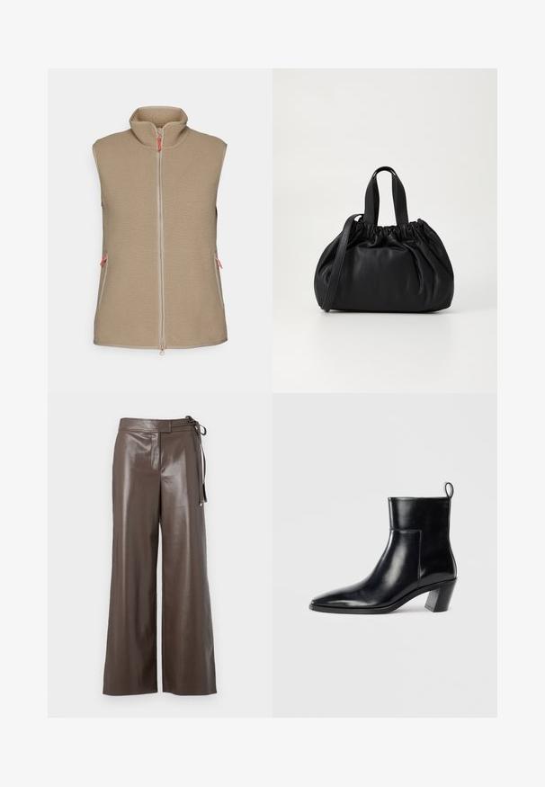 Peak Performance VEST - Waistcoat - avid beige; White long-sleeve V-neck cropped shirt with a fitted design and wide cuffs displayed on a plain background.; Brown faux leather wide-leg pants with high waist and side tie detail on a white background.; Black leather ankle boot with a pointed toe, a geometric stacked heel, and a pull tab at the back. Smooth texture and sleek design.; Black leather handbag with a gathered top design, featuring two short handles and a long adjustable strap. Smooth texture, rounded shape.