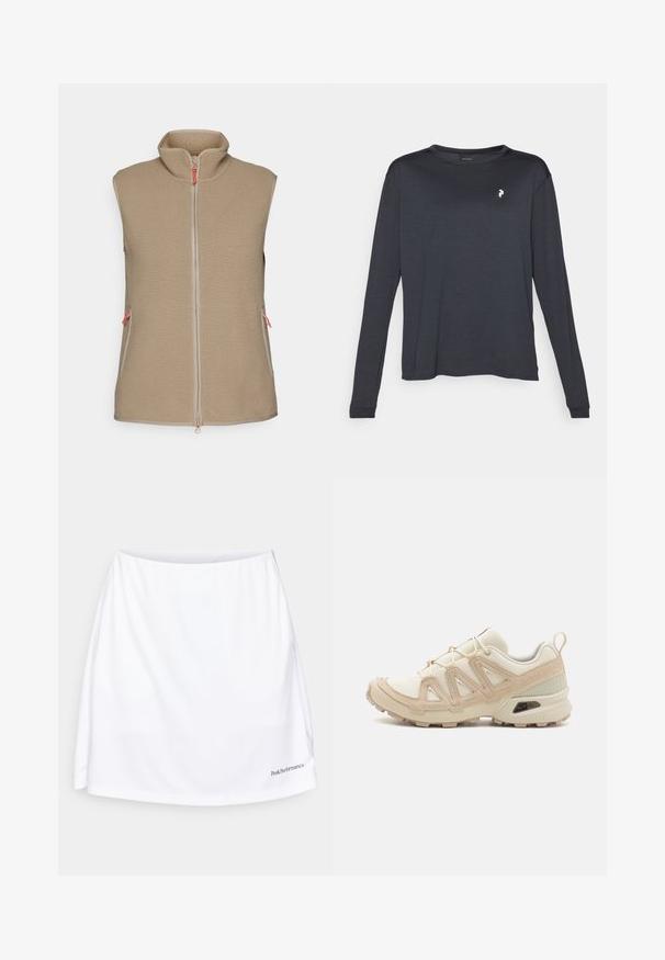 Peak Performance VEST - Strukirani kaput - avid beige; Tamna majica dugih rukava od teksturiranog materijala, s okruglim izrezom i malim bijelim logom na lijevoj strani prsnog područja.; Bijela atletska suknja s glatkom teksturom, širokim pojasom i logotipom u donjem desnom kutu. Ima labav kroj za udobnost.; Bež i kremasti sportski tenisice s teksturiranim mrežastim gornjim dijelom, potpornih preklopa i gumeni potplat s uzorcima za prianjanje.