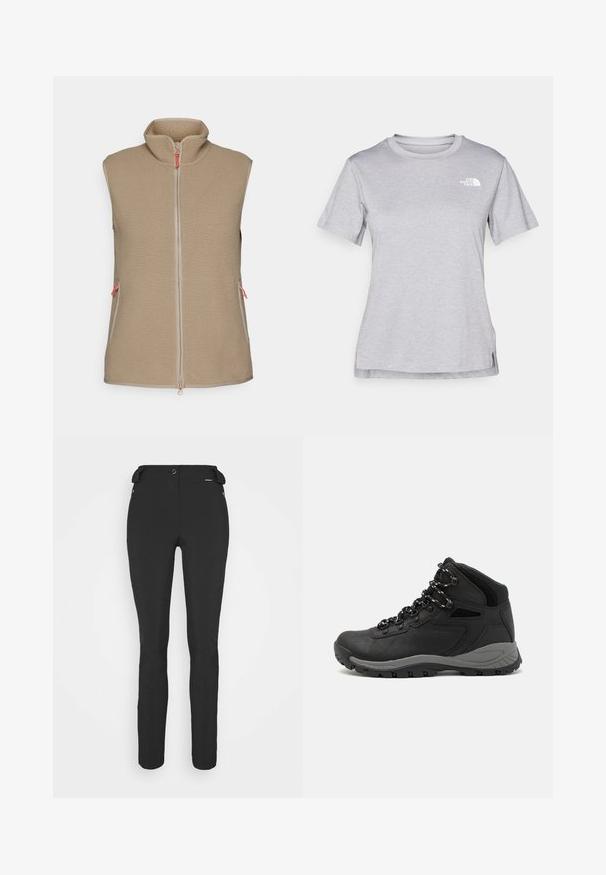 Peak Performance VEST - Colete - avid beige; T-shirt cinza de mangas curtas feito de um tecido suave e que absorve a humidade. Apresenta um decote redondo e um pequeno logotipo branco na parte superior esquerda.; Calças pretas, ajustadas, feitas de um material flexível. As características incluem um bolso lateral com fecho éclair, joelhos articulados e uma textura suave.; Bota de caminhada preta com design de cano médio, apresentando um upper texturizado, detalhes cinzentos e sola de borracha durável com cravos de tração.