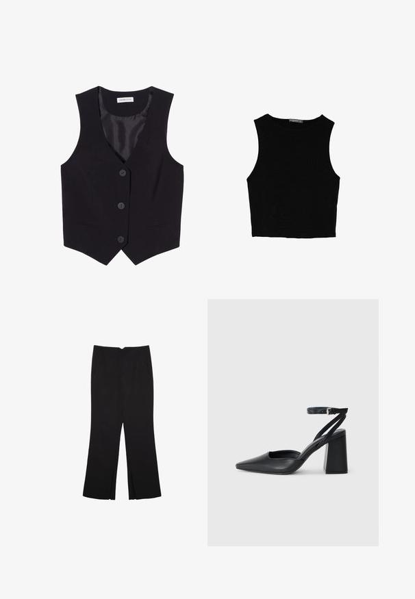 Black sleeveless vest with a v-neckline, featuring three front buttons and two side pockets. Made of smooth fabric with a tailored fit.; Black sleeveless crop top made of smooth fabric, featuring a round neck and a clean, simple design without patterns or hardware.; Black trousers with a straight fit, featuring front pockets and side slits at the hem. Made of soft, smooth fabric. Suitable for various occasions.; Black leather pointy-toe pump with an ankle strap and a chunky heel. Flat texture, sleek design, and minimalistic aesthetics.