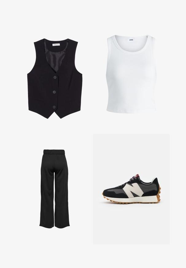 Zwarte mouwloze vest met een V-halslijn, voorzien van drie knopen aan de voorkant en twee zijzakken. Gemaakt van een soepele stof met een getailleerde pasvorm.; Witte geribbelde tanktop met een ronde hals, zonder mouwen en een cropped lengte. Label draagt "JJXX." Gladde stoftextuur.; Zwarte, wijde broek met een elastische tailleband, gemaakt van gladde stof. Heeft een strakke uitstraling zonder zakken of zichtbare stikseldetails.; Zwarte en grijze suède sneaker met een groot crèmekleurig "N"-logo, paarse veters en een gestructureerde rubberen zool van gum.