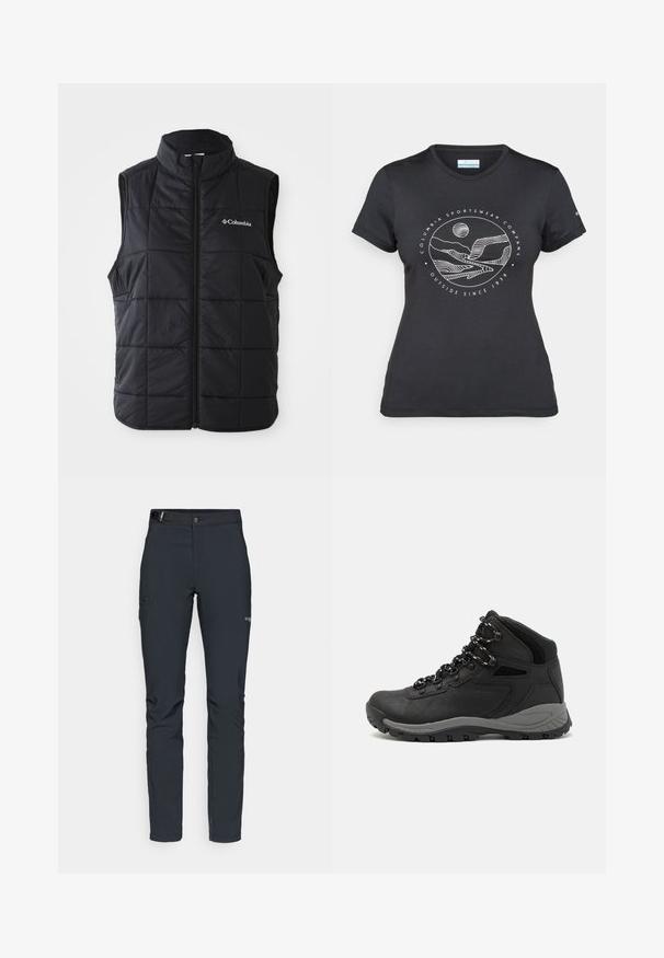 Svart dunvest med høy krage, horisontalt quiltet mønster, glidelås foran og Columbia-logo på venstre bryst. Lett materiale.; Svart Columbia t-skjorte med hvit sirkulær fjell- og elvlinjekunst og tekst "Columbia Sportswear Company Outside Since 1938."; Herre utendørsbukser, mørkegrå, laget av fleksibelt materiale, med belte, glidelåslommer og forsterkede sømmer.; Sorte turstøvler med mid-topp design, som har en teksturert overdel, grå detaljer og slitesterk gummisåle med godt grep.