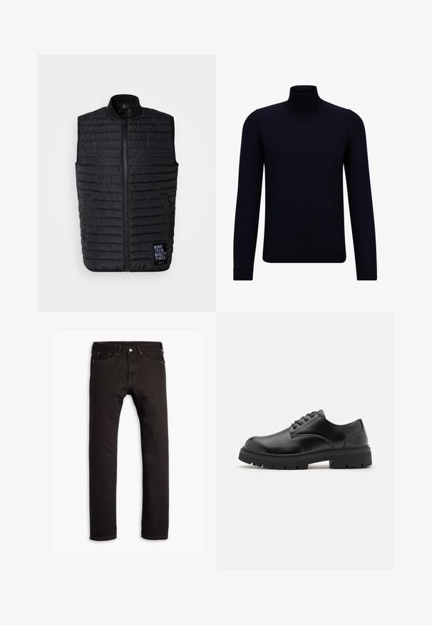 Svart pufferväst i quiltad textil, med hög krage, dragkedja, sidofickor och en logotyp-patch på nedre vänstra sidan.; Mörk marinblå polokragetröja i fint stickat tyg, med långa ärmar och en åtsittande, hög halsringning. Inga synliga mönster eller accenter.; Svarta slim-fit jeans med fem fickor och knäppning, liggande platt mot en vit bakgrund.; Svarta läderskor med rund tå, snörningsdesign och en tjock, texturerad gummisula. Har sömmar längs kanten och en slät yta.