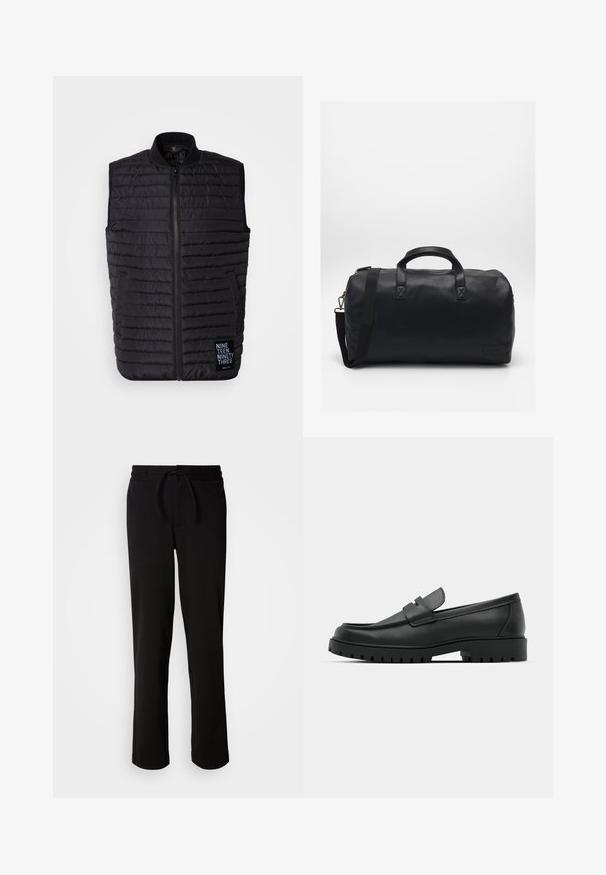 Gilet invernale nero realizzato in tessuto trapuntato, dotato di colletto alto, chiusura con zip, tasche laterali e una patch con logo in basso a sinistra.; Due camicie a manica corta: una nera uniforme, l'altra bianca con strisce verticali nere. Entrambe presentano chiusure a bottoni e un colletto classico.; Pantaloni della tuta neri con cintura regolabile, realizzati in un tessuto morbido e elasticizzato. Presentano una vestibilità comoda con gambe dritte e senza tasche visibili.; Mocassini in pelle nera con punta rotonda, caratterizzati da un design cucito, suola piatta bassa e un battistrada in gomma testurizzata e scolpita.; Borsa a secchiello nera realizzata in materiale sintetico testurizzato. Presenta due manici e una tracolla regolabile. Design semplice senza motivi visibili.