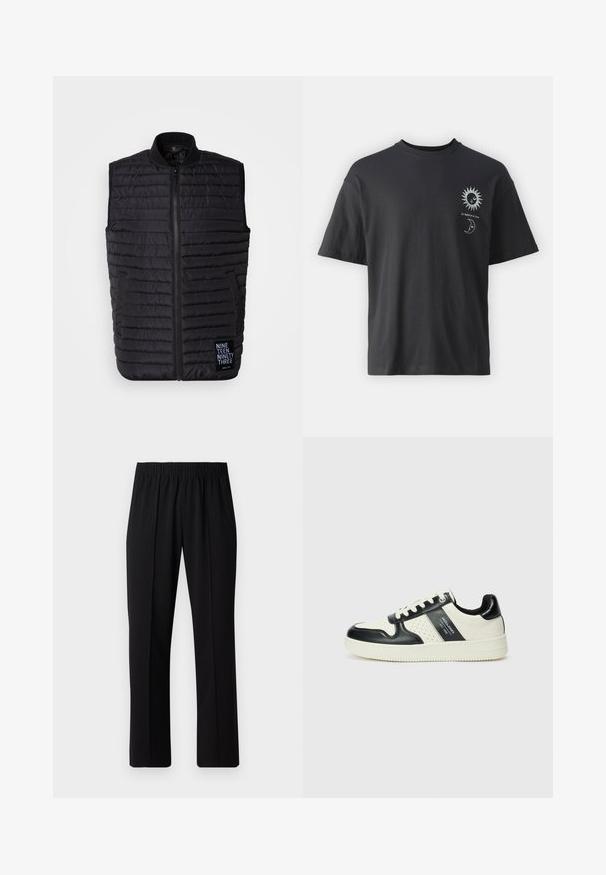 Gilet rembourré noir en tissu matelassé, doté d'un col montant, d'une fermeture zippée, de poches latérales et d'une patch logo en bas à gauche.; T-shirt noir en coton avec des manches courtes, col rond et graphiques sur le devant d'un soleil et d'une lune, accompagné du texte "Le Soleil et La Lune."; Pantalons noirs à taille élastique avec une coupe droite, présentant une texture lisse et sans motifs ni éléments visibles.; Baskets en cuir avec un schéma de couleurs noir et crème, dotées d'accents perforés, d'un col rembourré et d'une semelle texturée.