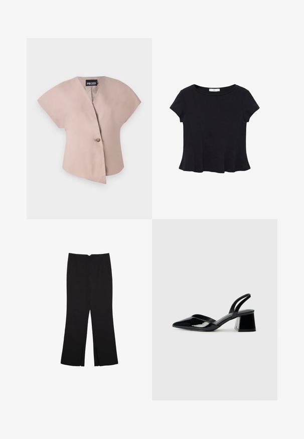 Světle růžová blůza s krátkým rukávem a výstřihem do V, se zapínáním na jeden knoflík. Vyrobena z hladkého materiálu, s asymetrickým designem.; Čierny krátky rukáv top vyrobený z mäkkej tkaniny, s okrúhlym výstrihom a rozšíreným lemom s jemným švom.; Čierne nohavice so strihom rovného strihu, s prednými vreckami a bočnými rozparkami na leme. Vyrobené z mäkkej, hladkej tkaniny. Vhodné na rôzne príležitosti.; Čierne lakované kožené sandálové podpätky s špicatou špičkou a geometrickým blokovým podpätkom. Disponujú elegantným, minimalistickým dizajnom a hladkým povrchom.