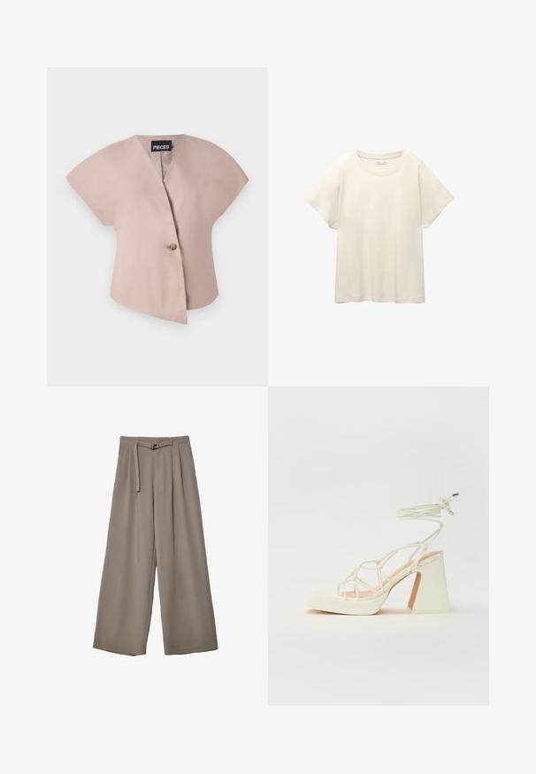 Svijetloružičasta bluzica kratkih rukava s V-izrezom i jednim dugmadićem. Izrađena od glatkog materijala, s asimetričnim dizajnom.; Svijetlo bež majica kratkih rukava s okruglim izrezom, izrađena od meke, glatke tkanine. Karakterizira je opušteni kroj i ravni rub.; Široke hlače u mekoj, prigušenoj sivoj tkanini, s remenom na struku i plisiranim detaljima za dodatni dizajn. Glatka tekstura, bez uzoraka.; Bijela sandala na visokoj potpetici s debelim petom, s remenom i vezanjem oko gležnja. Glatka tekstura s platformom sprijeda za dodatnu visinu.