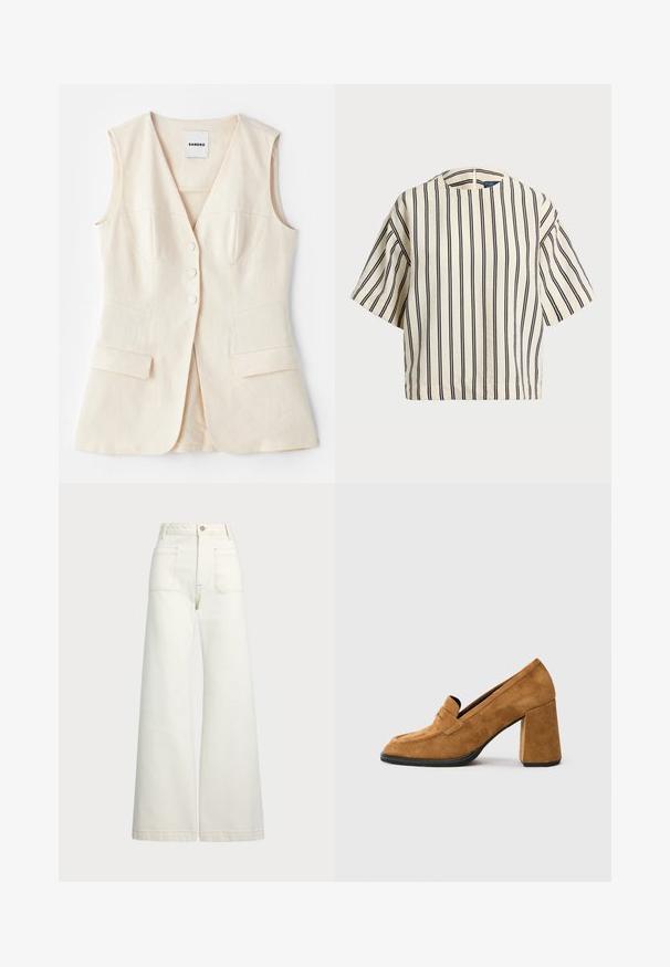 Beige ermeløs vest med tettsittende liv, seks knapper, to frontlommer og buede sømmer. Laget av lettvektig stoff.; T-skjorte med korte ermer, stripet i kremfarge og marineblå, med rund hals og en boxy design i en strukturert stoff.; Vidde bukser i off-white denim. Høyt liv-design med knappelukking, to frontlommer og kontrastsøm detaljer.; Brune suède blokkheels loafers med rund tå og sydd stroppdetalj, vist på ren hvit bakgrunn.