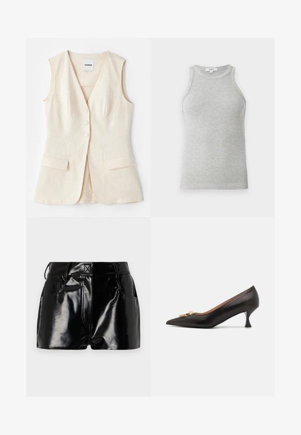 Béžová bezrukávová vesta s vykrojeným tělem, šesti knoflíky, dvěma předními kapsami a zakřivenými švy. Vyrobená z lehké tkaniny.; Šedý proužkovaný top bez rukávů s přiléhavým střihem, širokými průramky a zaobleným výstřihem. Vyrobeno z měkké bavlny s hladkou texturou.; Černé lesklé kraťasy vyrobené z umělého materiálu. Obsahují přiléhavý pas, poutka na opasek a přední kapsy s výraznými švy.; Černé kožené lodičky s špičatou špičkou a zlatým logem, mají zakřivený jehlový podpatek a hladkou texturu.