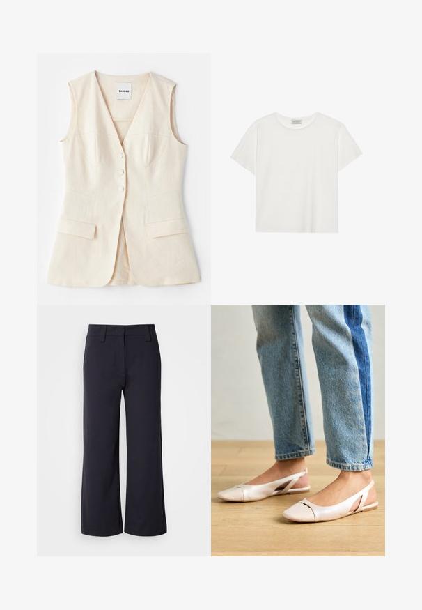 Bēšs bez piedurknēm veste ar pieguļošu augšdaļu, sešām pogām, divām priekšējām kabatām un izliektiem šuvēm. Izgatavota no viegla auduma.; Balts īsām piedurknēm T-krekls, kas izgatavots no mīksta kokvilnas. Tam ir apaļš izgriezums un brīvs piegriezums. Tīrs dizains bez redzamām rakstiem vai akcentiem.; Platās kājas bikses tumši zilā audumā. Izmanto platu priekšpusi, jostas cilpas un sānu kabatas. Materiāls ir gluds ar nelielu elastību.; Bālti rozā siksniņu dzīvokļi ar smailu purngalu, izgatavoti no gludas ādas līdzīgās materiāla. Iezīmē izgriezumu detaļas sānos un platu papēdi.