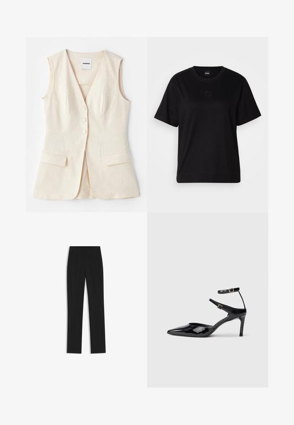 Beige ärmlös väst med en figursydd kjol, sex knappar, två framfickor och böjda sömmar. Tillverkad av lättviktsmaterial.; Svart bomullströja med rund halsringning, korta ärmar och en broderad logotyp på bröstet. Enkel, avslappnad passform utan mönster.; Svarta skräddarsydda byxor med rak bendesign, som har framfickor och ett slätt, strukturerat tyg. Prydlig, minimal detaljer.; Svarta lackskinnshälar med spetsig tå, justerbara ankelremmar och en smal klack. Slät textur med en glänsande yta.