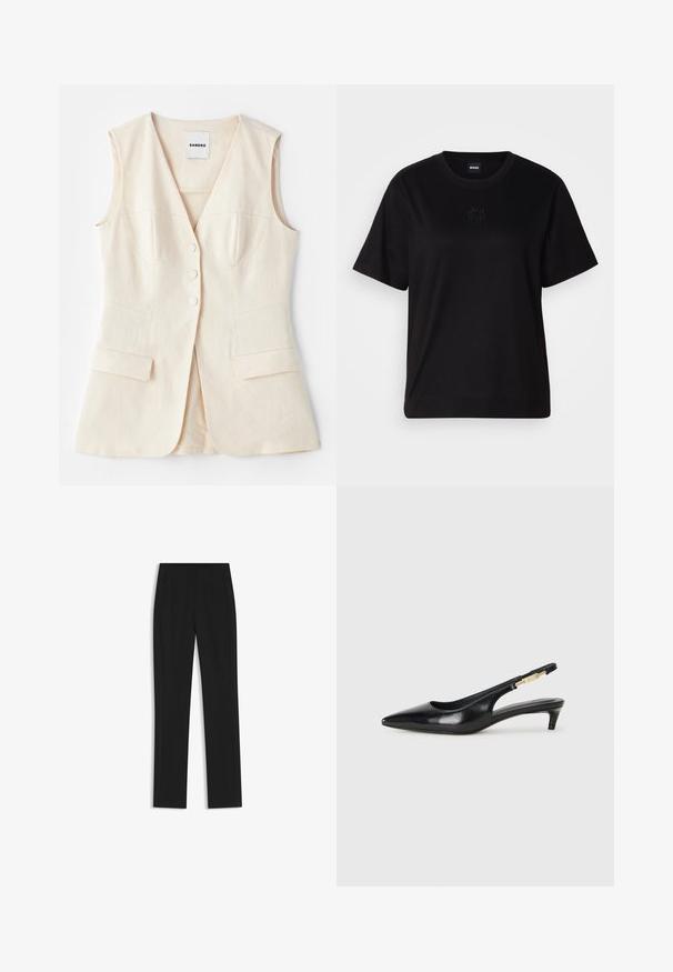 Gilet beige senza maniche con corpino aderente, sei bottoni, due tasche frontali e cuciture curve. Realizzato in tessuto leggero.; Maglietta in cotone nera con scollatura tonda, maniche corte e logo ricamato sul petto. Design semplice e vestibilità rilassata senza motivi.; Pantaloni neri su misura con un design a gamba dritta, dotati di tasche frontali e un tessuto liscio e strutturato. Dettagli ordinati e minimalisti.; Tacchi slingback in pelle nera con punta affusolata, caratterizzati da un tacco alto e un accento dorato sulla cinghia regolabile. Texture liscia.