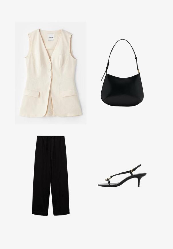 Bežová bezrukávová vesta s priliehavým telom, šiestimi gombíkmi, dvoma prednými vreckami a zakrivenými švami. Vyrobená z ľahkej tkaniny.; Čierny rebrovaný top s širokým výstrihom a tenkými bielymi stehmi pozdĺž okrajov. Vyrobený z mäkkej, textúrovanej tkaniny.; Čierne široké nohavice s elastickým pásom a šnúrkou, vyrobené z mäkkej látky, s hladkou textúrou a bez ďalších vzorov.; Čierne kožené sandále na malom podpätku s tenkými pásikmi, zlatou prackou a minimalistickým prstovým pásikom na bielom pozadí.; Čierna kožená kabelka na rameno s hladkou textúrou, zakriveným tvarom a nastaviteľným popruhom. Obsahuje minimálne švy a jednoduchý dizajn.