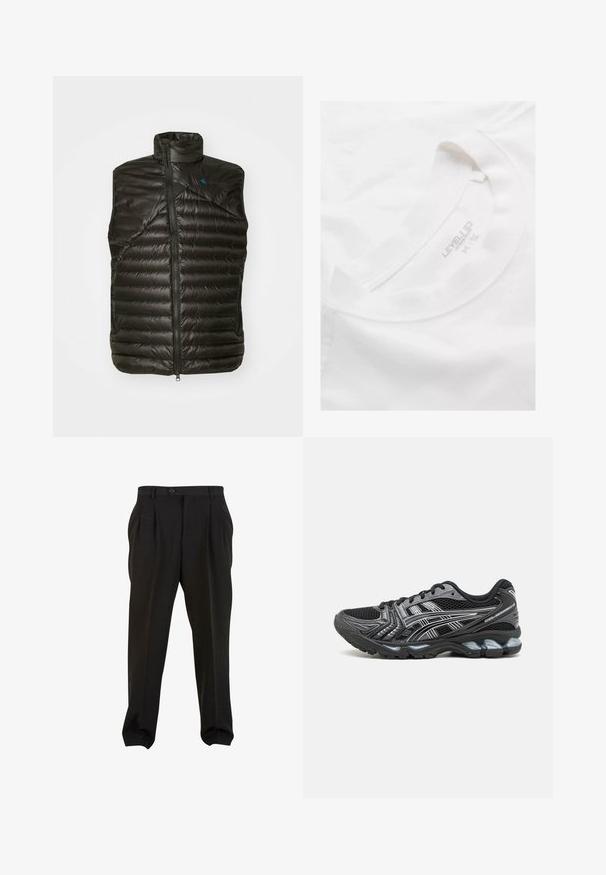 Chaleco aislante negro con un alto cuello, cierre de cremallera y patrón de acolchado horizontal. Presenta un acabado texturizado y un logo azul contrastante.; Camiseta de algodón blanca con cuello redondo y textura suave. Presenta una etiqueta impresa dentro del cuello con "LEVEL UP" e información sobre la talla.; Pantalones negros de tejido suave, con pliegues frontales, cinturilla con botón y puños en los tobillos ajustados. Silueta clásica y ajustada.; Zapatilla deportiva negra con parte superior de malla, detalles plateados y suela acolchada. Presenta un diseño con cordones y una suela texturizada para mayor agarre.