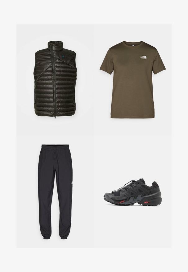 Svart isolert vest med høy krage, glidelås og horisontal kviltet mønster. Har en teksturert overflate og kontrasterende blått logo.; Oliven grønn bomull t-skjorte med korte ermer, rund hals, og en hvit logo på venstre bryst. Glatt tekstur, normal passform.; Sorte idrettsbukser laget av lett stoff, med snor i livet, sidelommer og smale mansjetter ved anklene.; Svart løpesko med syntetisk overdel, teksturert design og kontrasterende røde detaljer. Har et sikkert snøresystem og robust såle.