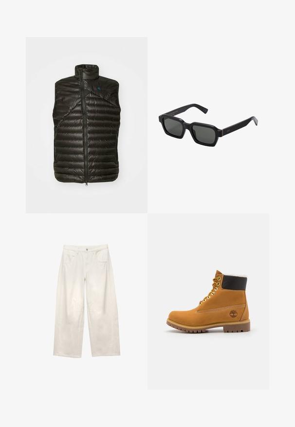 Schwarze isolierte Weste mit hohem Kragen, Reißverschluss und horizontalem Steppmuster. Verfügt über eine strukturierte Oberfläche und ein kontrastierendes blaues Logo.; Weißes Polohemd aus Baumwolle. Verfügt über einen klassischen Kragen, eine Drei-Knopf-Leiste und kurze Ärmel. Dezentes Logo auf der Brust gestickt.; Weiße, weit geschnittene Jeanshosen mit hoher Taille, frontalen Taschen und sichtbaren Nähten. Der Stoff hat eine glatte Textur und eine strukturierte Form.; Braune Leder-Ankle-Boots mit Metallösen, weißem Kunstfellfutter, schwarzem gepolstertem Kragen, robustem Sohlenprofil und geprägtem Logo an der Seite.; Schwarze, quadratische Sonnenbrillen mit grauen Gläsern. Dicke Kunststoffrahmen verfügen über goldene Akzente und Branding an den Schläfen. Glatte Textur.