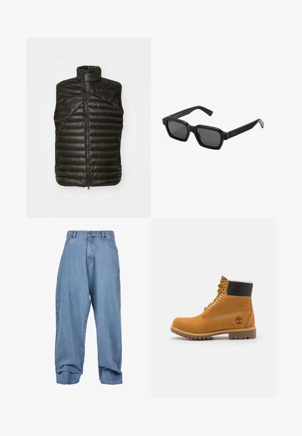 Juodas izoliuotas liemenė su aukštu kaklu, užtrauktuko uždarymu ir horizontaliu siuvinėjimu. Savybės: tekstūruotas paviršius ir kontrastingas mėlynas logotipas.; Balta polo marškiniai, pagaminti iš medvilnės. Savybės: klasikinis apykaklė, trijų mygtukų užsegimas ir trumpi rankoviai. Diskretus logotipas išsiuvinėjimas ant krūtinės.; Šviesiai mėlynos džinsinės kelnės su laisvu kirpimu, mygtuko užtrauktuku, priekinėmis kišenėmis ir užlenktais džinsuose, turinčios klasikinį penkių kišenių dizainą.; Rudos odinės aulinės puikiai tinka su metaliniais akmenukais, baltu dirbtiniu kailiu, juodu paminkštintu apvadu, tvirtu padu ir įspaustu logotipu šone.; Juodi, kvadratiniai akiniai nuo saulės su pilkais lęšiais. Stori plastikiniai rėmeliai su auksiniais akcentais ir prekės ženklu ant smilkinių. Lygus paviršius.